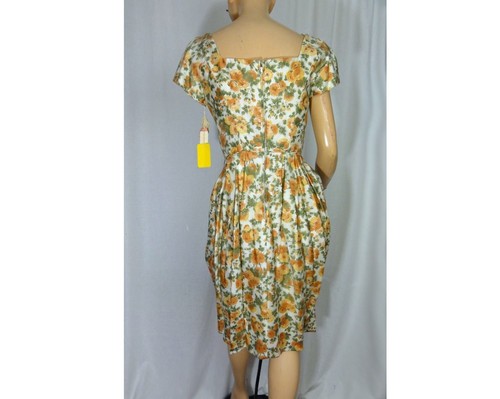 Vintage 1960s Dress Silk Bubble Skirt Gold and Green Floral Rose Print Deadstock - Picture 5 of 10
