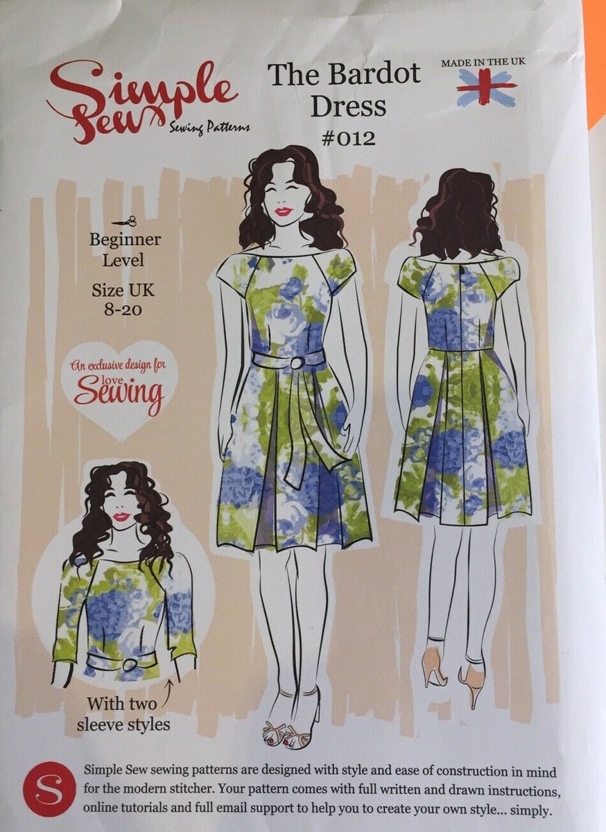 Simple Sew 012 Bardot Dress Ladies Retro Boat Neck Pleat New Uncut Pattern  PLUS | eBay