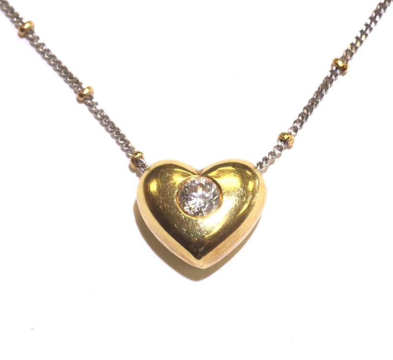 18K yellow white gold .23ct diamond Heart pendant station beaded chain 5.8g 16"
