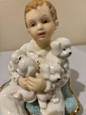 H.M.L 2003 Boy With His Puppies on Blue Cushion Matte and Gloss Finish Gold 4.5 