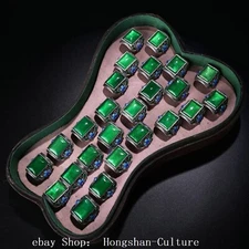 Old Dynasty Wood lacquerware Miao Silver Green Jade Jewelry Finger ring Box Set