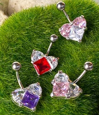 1pc Triple Gem Heart Belly Ring Navel Piercing Pierced Naval Body Jewelry