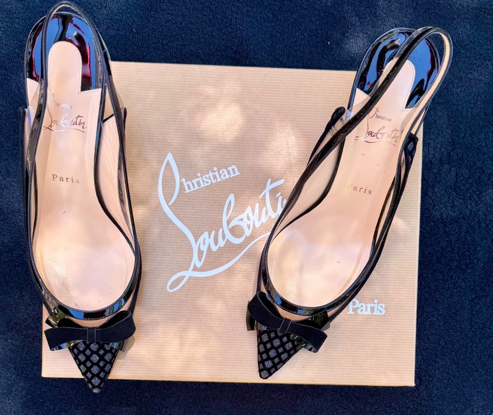 Christian Louboutin — Christian Louboutin Bupendo Sling 85 PVC Patent Black Bow Heels EU 41