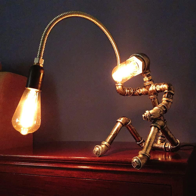 Creatieve vintage tafellamp retro industriële rustieke koper waterpijp robot tafel lamp Steampunk Desktop Light (niet inbegrepen lamp)-C Uptodate