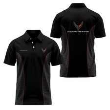 Custom Name - Men's Corvette Logo C8 Racing Black 3D Polo Shirt Size S-5XL