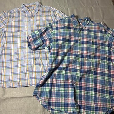 Polo Ralph Lauren Lacoste 2 Pack Button Down Shirts Mens L Plaid Cotton Preppy