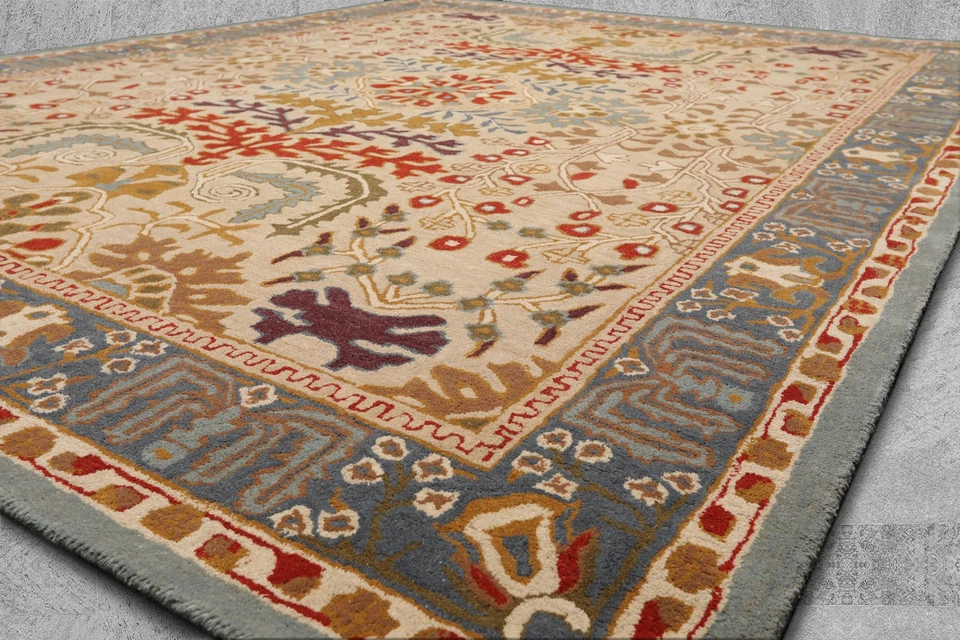 Переходная шерстяная дорожка для декоративно-прикладного искусства ручной работы 2 фута 6 дюймов x 12 футов бежевая, синяя - Изображение 3 из 4