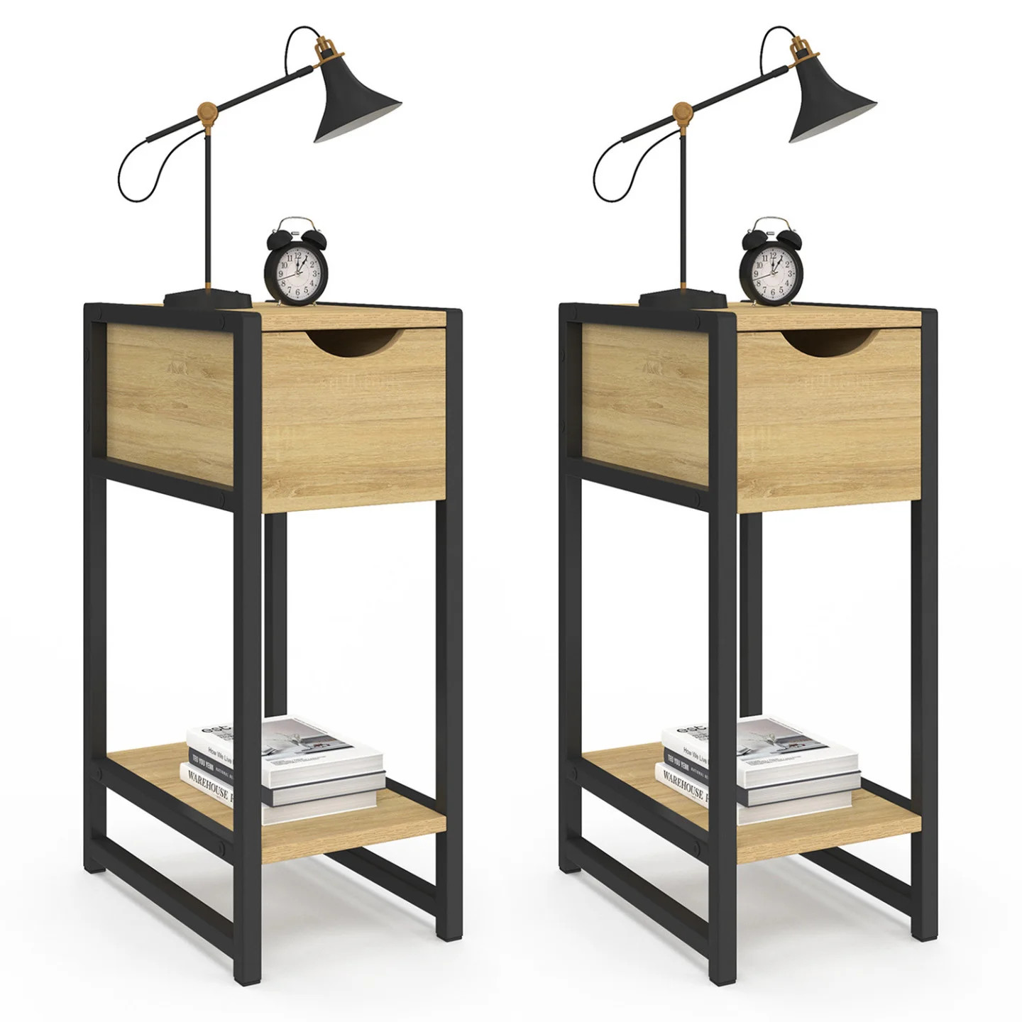 Lot de 2 tables de chevet DETROIT design industriel avec tiroir de rangement en bois