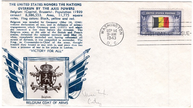 1943 #914 BELGIUM WWII OVERRUN NATION FDC W/ CROSBY PHOTO CACHET GEM!