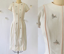 Vtg 1950s White Short Sleeve Cotton Wiggle Dress, Rhinestones 50s Sheath, XS