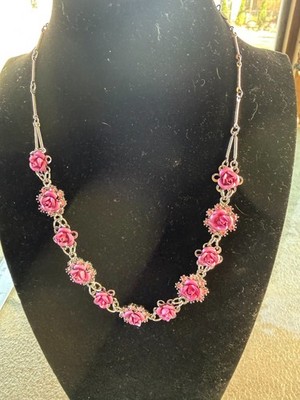 Necklace Avon Silver Tone Nina Ricci Pink Roses Pink Rhinestones Choker 14  3  E