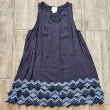 Maeve Festivity Swing Dress Size 4P Navy Blue Fringe Sequin Trim Split Neck Boho