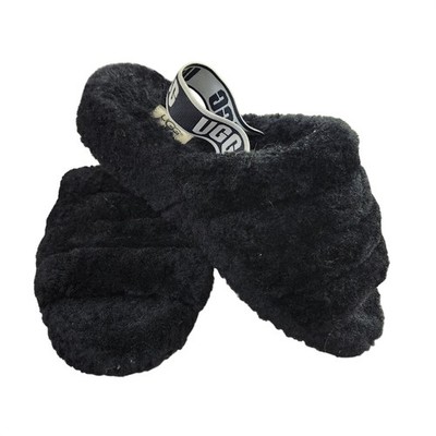 UGG Fluff Yeah Black Sheepskin Platform Open Toe Slide Slippers 1113428 Womens 9