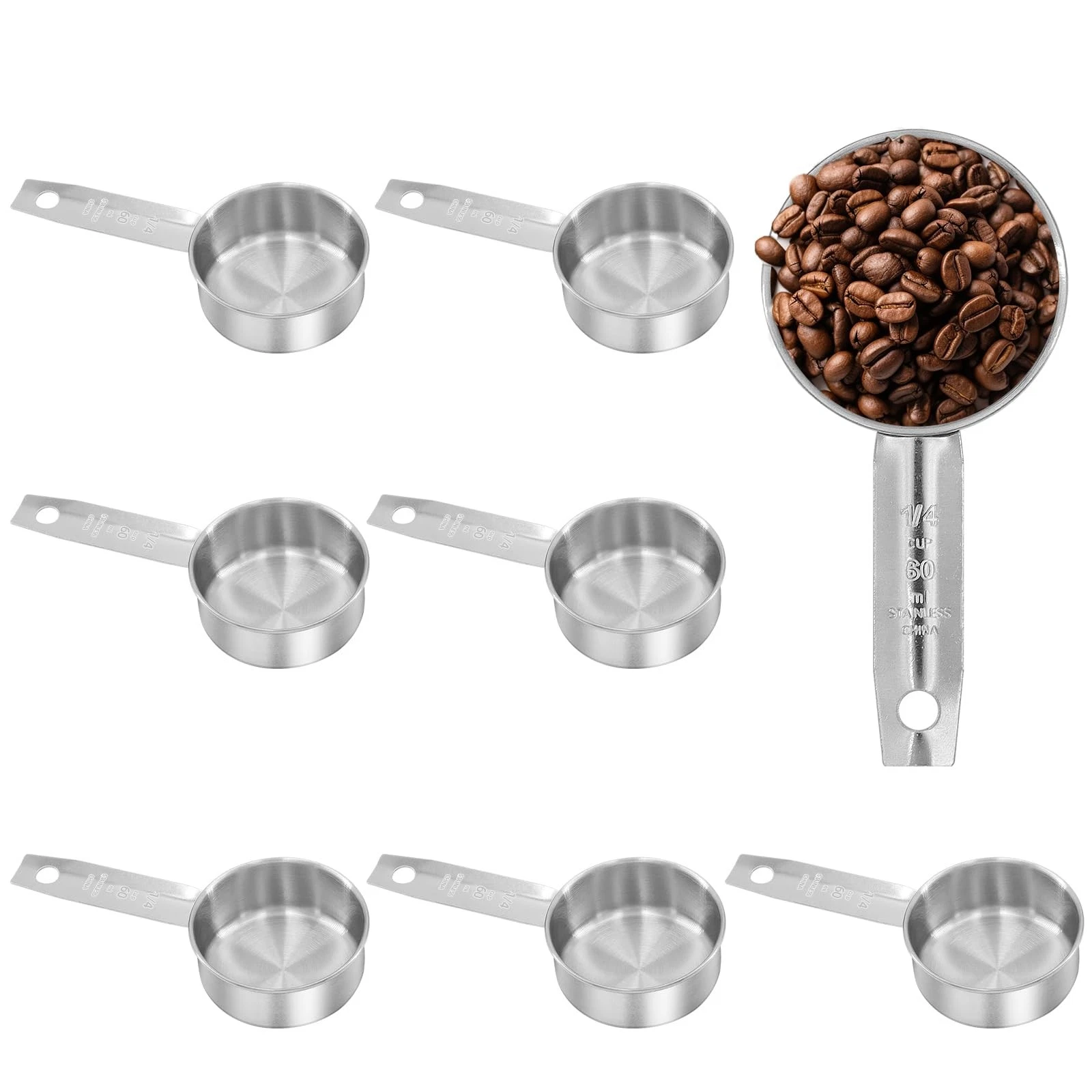 8 PCS Stainless Steel Measuring Cup 1/4 Cup 60ml Metal Scoop Kitchen Baking