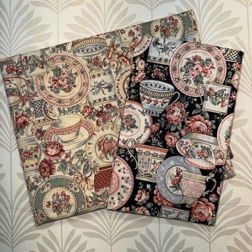 Vintage Sharon Kessler Concord Fabrics Teapots Plates Cotton Bundle ~ 1.5+ Yards - product listing photo