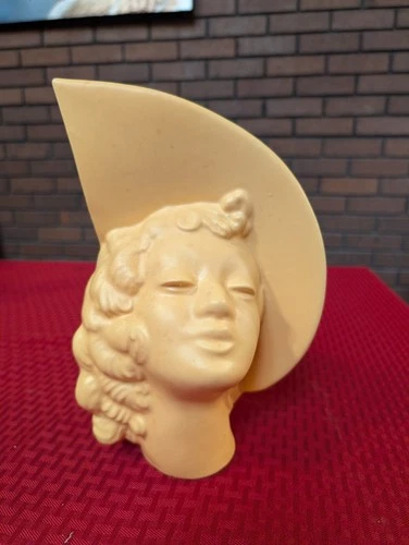 Art Deco Vintage Head, Ceramic Vase, Woman with Wide Brimmed Hat.