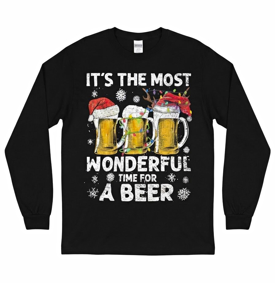 Men's Black Christmas Beer Graphic Print Crew Neck Long Sleeve Sweatshirt
