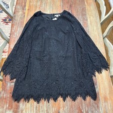 Loveriche NWT Black Floral Lace Mini Dress Large Sheer Bell Sleeve Lined