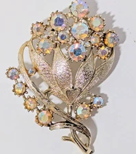 Vintage Cora signed, Aurora Borealis (AB) Gold Tone Statement/ Runway, Brooch