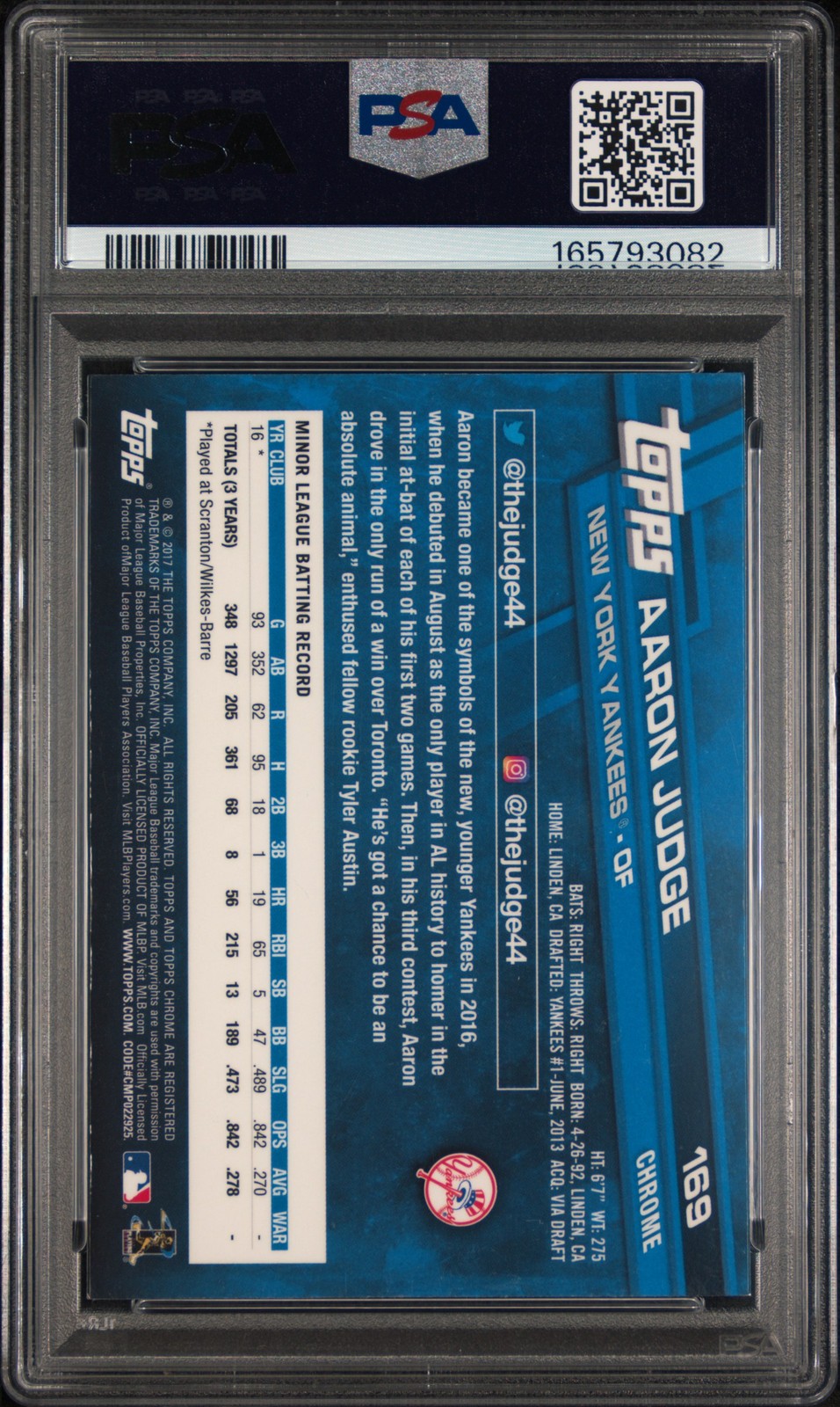 2017 TOPPS CHROME #169 AARON JUDGE PSA 10 view 2