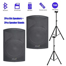 Pair 15" Powered Active PA DJs Speakers W/ 2X Universal Adjustable Height Stands