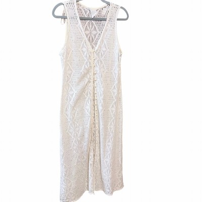 Vintage Rebecca cream lace long duster cotton blend pearl buttons large USA made