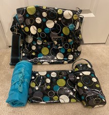 Kalencom diaper bag Black w/green Teal White Circles Bottle  Wet Bags Changing