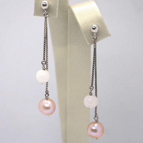 Pendientes Colgantes Oro Blanco 18K, Doble Cadena, Perlas Violeta, Cuarzo Rosa