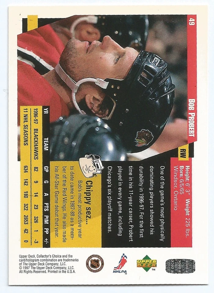 Upper Deck Collector's Choice Hockey Card 1997-98 #49 Bob Probert - Image 2 of 2