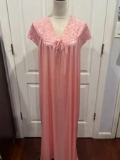 Women Melon Coral Pink Silky Short Sleeve V Neck Lace Nightgown 3XL 49"Lx24"W