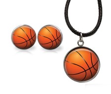 Kids Basketball Stud Earrings  Pendant Cord Necklace Sports Player Coach Gift