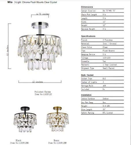 Crystal Tear Drop Flush Mount Ceiling 3 Light Brass Bathroom Bedroom Lighting - Picture 10 of 10