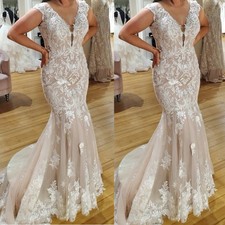 Champagne Mermaid Wedding Dresses Cap Sleeve V Neck Lace Applique Bridal Gowns