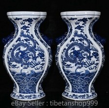 Coppia di vasi 14" Qianlong porcellana cinese blu bianca carpe che saltano drago cancello
