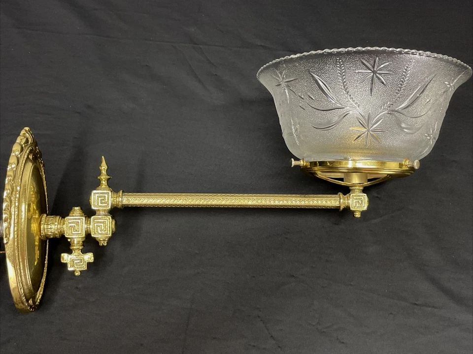 CONVERTED Antique Vtg Gas Wall Sconce Victorian Arts & Crafts Deco Brass & Glass - Image 2 of 4