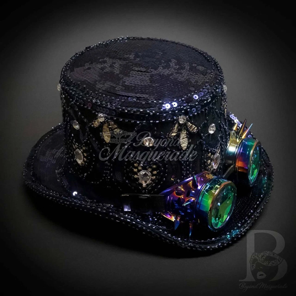 Steampunk Hat | Navy Blue Sequin Hat with Kaleidoscope Goggles FS1217 - Image 3 of 4
