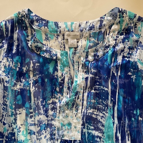 Soft Surroundings Blue Abstract Artsy Featherweight Silk Beaded Sheer Blouse 1X - 第 3/15 張圖片