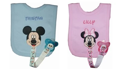 OH SEW SIMPLE Mickey oder Minnie personalisiertes Lätzchen mit Dummy-Halter & Dummy