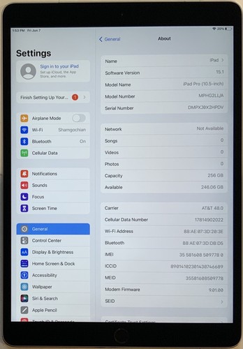 GSM UNLOCKED WIFI + 4G APPLE iPad PRO 1st GEN 10.5" 256GB A1709 MPHG2LL/A 15.1 - Afbeelding 3 van 7