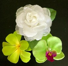 3 Green and white silk Flower pens, Rose, orchid, Plumerias, flowerpen