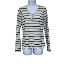 Jessica Simpson Top Small S Ribbed Knit Striped Tie Front Keyhole Lettuce Edge