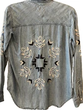 Rails Phoenix Cozy Soft XS Mid Vintage Wash Denim Embroidered Button Shirt