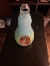 Art Hand Blown Glass Hanging Hummingbird Feeder Pear Shape Yellow Black Complete