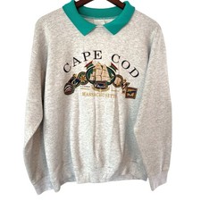Vintage Cape Cod Massachusetts Teal Collar Sweatshirt Large Cute Whales Ocean