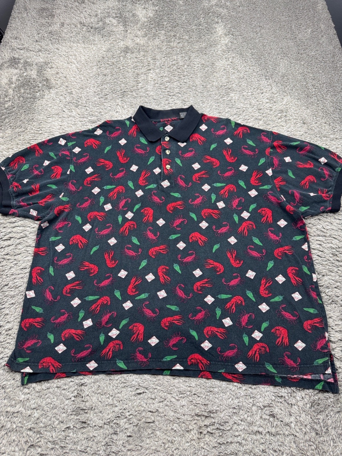 Tabasco Shirt Men 3XB Big Crawfish Crab Hot Sauce AOP Short Sleeve Polo Vtg 90s