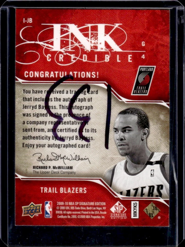 2009-10 SP Signature Edition Jerryd Bayless INKredible Auto #4/199 Trail Blazers - Image 2 of 2