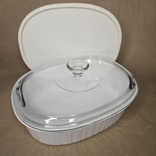 French White By Corning Oval Covered Casserole W/ Plastic & Glass Lids  F-2-b