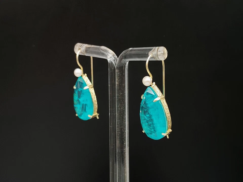 Orecchini donna goccia quarzo acquamarina arg. 925 plac. oro fatti in Italia - Immagine 2 di 4