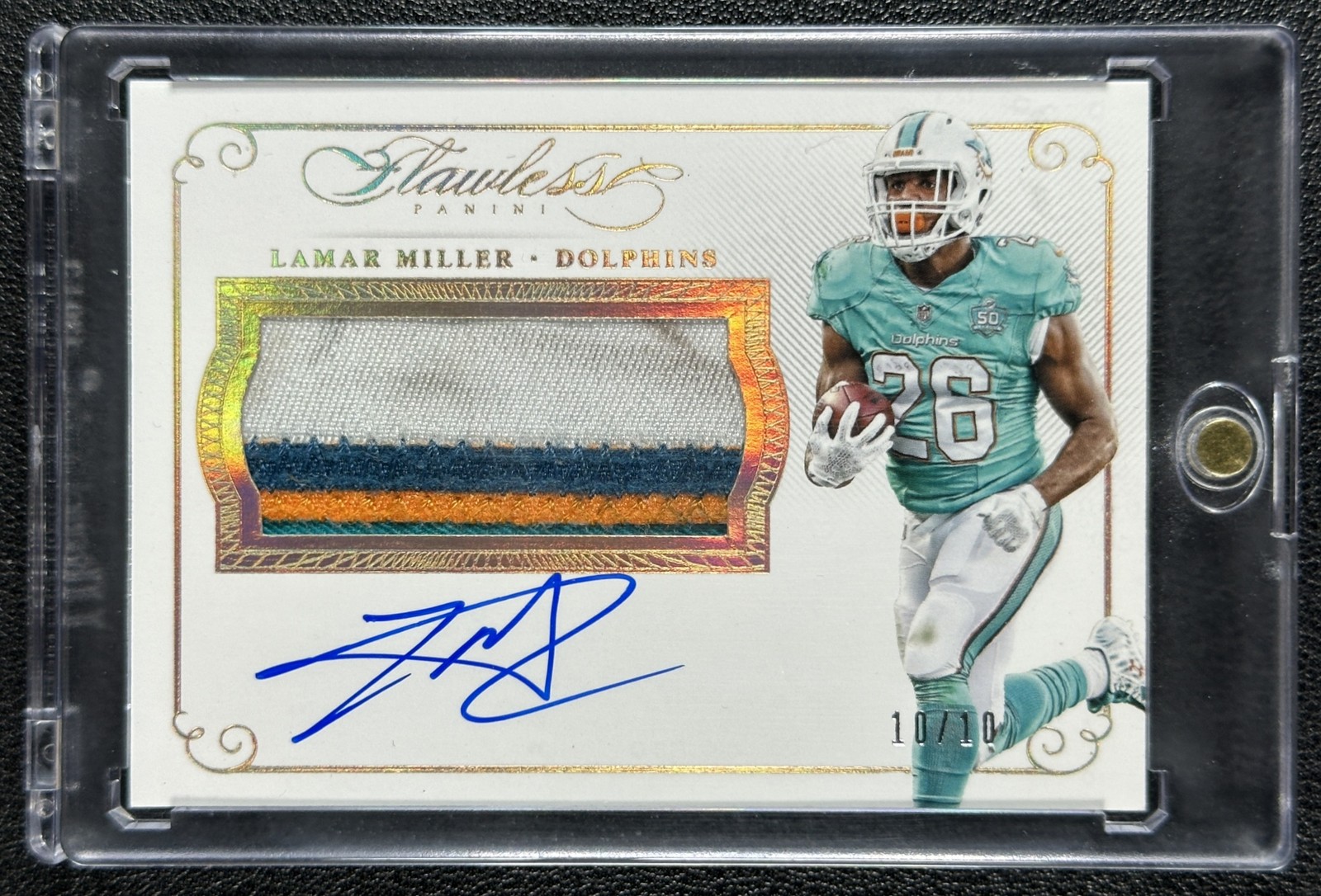 LAMAR MILLER 2015 PANINI FLAWLESS #PA-LM GAME-USED DIRTY PATCH AUTO GOLD 10/10