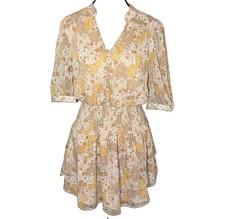AQUA Bloomingdale's Floral Mini Dress Medium Yellow Smocked Waist V-Neck Tiered